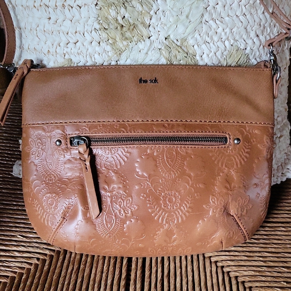 the sak, ventura tooled leather, tan crossbody bag